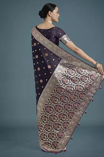 purple banarasi zari woven satin silk blend saree with blouse piece 