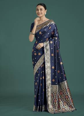 navy blue banarasi zari woven satin silk blend saree with blouse piece  1