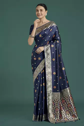 navy blue soft banarasi zari woven satin silk saree with blouse piece 