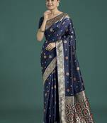 navy blue banarasi zari woven satin silk saree with blouse piece 