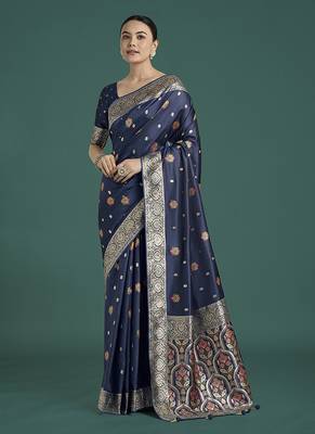 navy blue banarasi zari woven satin silk blend saree with blouse piece  2