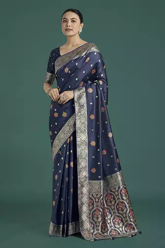 navy blue banarasi zari woven satin silk blend saree with blouse piece 