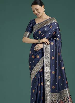 navy blue banarasi zari woven satin silk blend saree with blouse piece  3