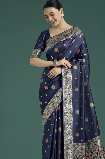 navy blue banarasi zari woven satin silk blend saree with blouse piece 