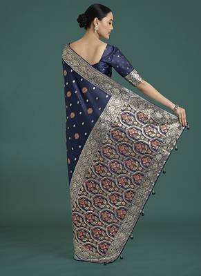 navy blue banarasi zari woven satin silk blend saree with blouse piece  4