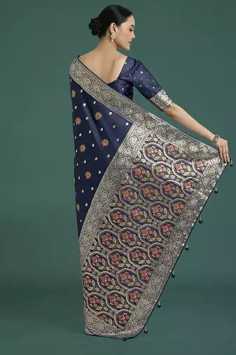 navy blue banarasi zari woven satin silk blend saree with blouse piece 