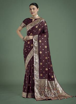maroon banarasi zari woven satin silk blend saree with blouse piece  1