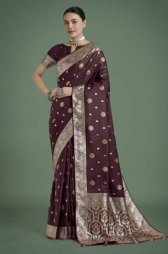 maroon soft banarasi zari woven satin silk saree with blouse piece 