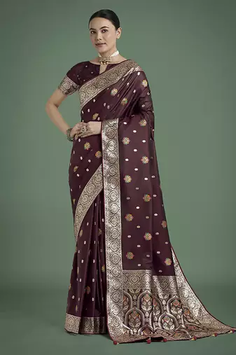 maroon soft banarasi zari woven satin silk saree with blouse piece 