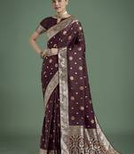 maroon banarasi zari woven satin silk saree with blouse piece 