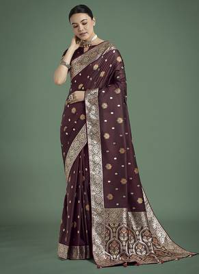 maroon banarasi zari woven satin silk blend saree with blouse piece  2