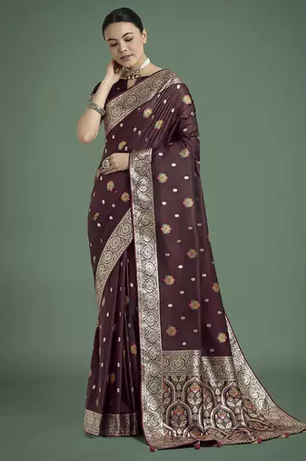 maroon banarasi zari woven satin silk blend saree with blouse piece 