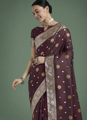 maroon banarasi zari woven satin silk blend saree with blouse piece  3