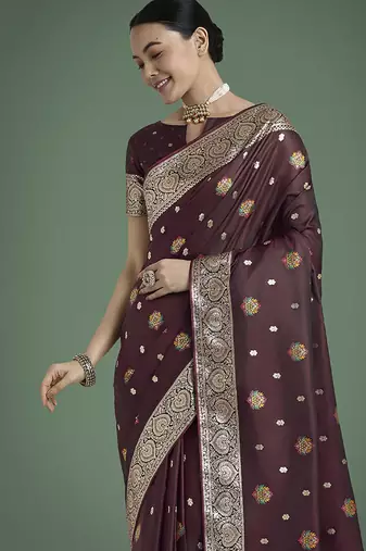maroon banarasi zari woven satin silk blend saree with blouse piece 