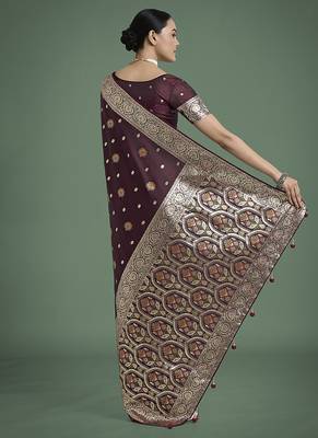 maroon banarasi zari woven satin silk blend saree with blouse piece  4