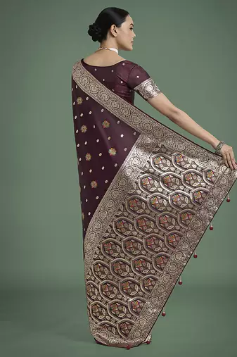 maroon banarasi zari woven satin silk blend saree with blouse piece 