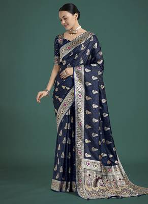 blue banarasi satin silk blend zari weaving saree 1