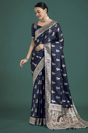 blue wear banarasi satin silk zari weaving saree