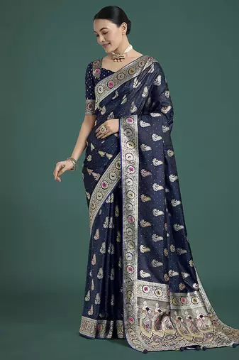 blue wear banarasi satin silk zari weaving saree