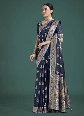 blue banarasi satin silk blend zari weaving saree 2