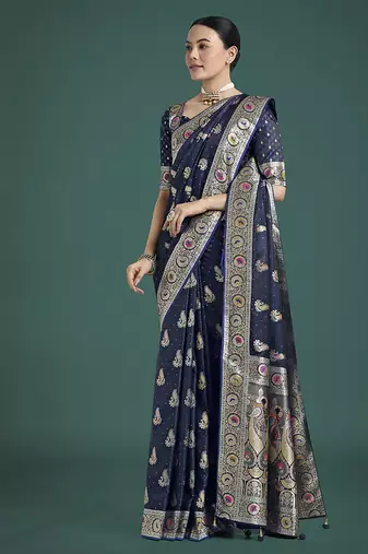 blue banarasi satin silk blend zari weaving saree
