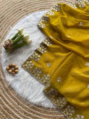 Yellow Zari Floral Embroidery With Sequins Work Crushed silk blend Saree 1