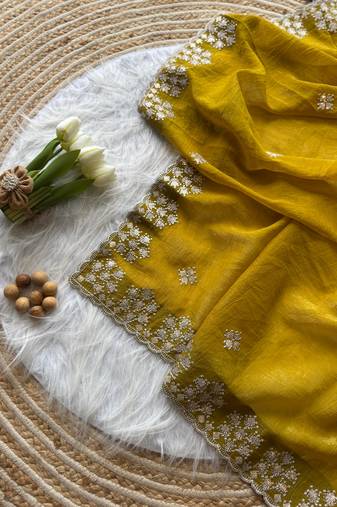 Yellow Color Zari Floral Embroidery With Sequins Work Crushed Silk Saree