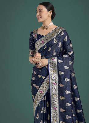 blue banarasi satin silk blend zari weaving saree 3