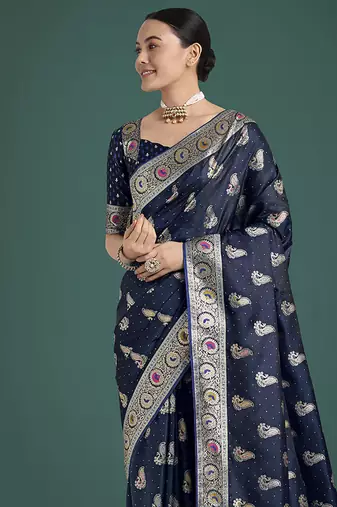 blue banarasi satin silk blend zari weaving saree