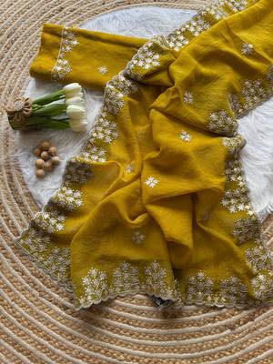 Yellow Zari Floral Embroidery With Sequins Work Crushed silk blend Saree 2
