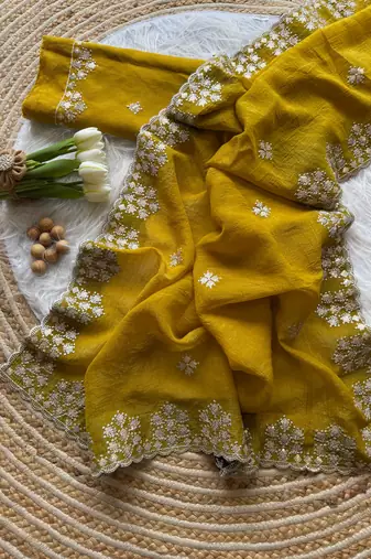 Yellow Zari Floral Embroidery With Sequins Work Crushed silk blend Saree
