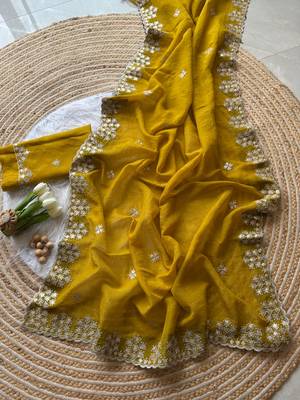 Yellow Zari Floral Embroidery With Sequins Work Crushed silk blend Saree 3