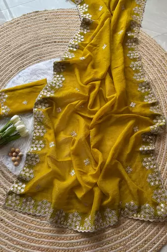 Yellow Zari Floral Embroidery With Sequins Work Crushed silk blend Saree