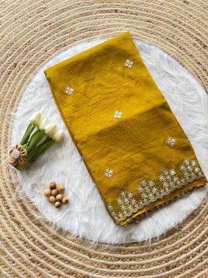 Yellow Zari Floral Embroidery With Sequins Work Crushed silk blend Saree 4