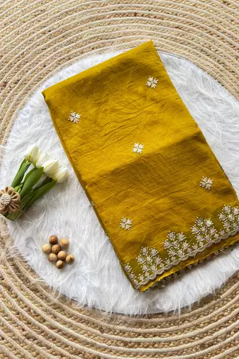 Yellow Zari Floral Embroidery With Sequins Work Crushed silk blend Saree