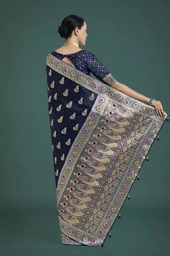 blue banarasi satin silk blend zari weaving saree