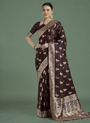 maroon banarasi satin silk blend zari weaving saree 1