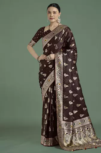 maroon wear banarasi satin silk zari weaving saree