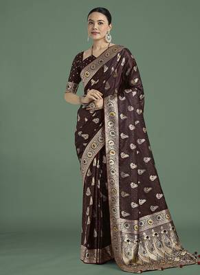 maroon banarasi satin silk blend zari weaving saree 2