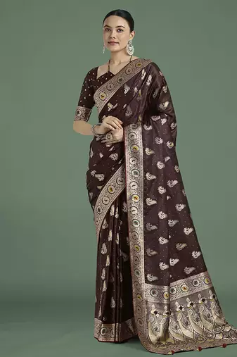maroon banarasi satin silk blend zari weaving saree