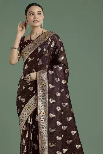 maroon banarasi satin silk blend zari weaving saree