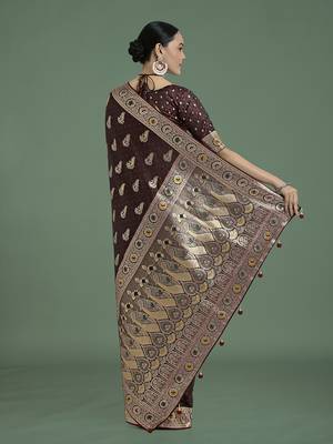 maroon banarasi satin silk blend zari weaving saree 4