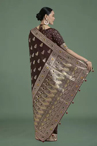 maroon banarasi satin silk blend zari weaving saree