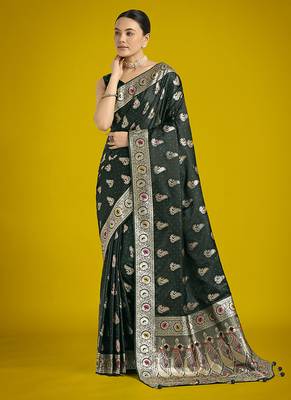 dark green banarasi satin silk blend zari weaving saree 1