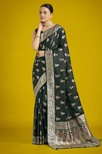 dark green wear banarasi satin silk zari weaving saree