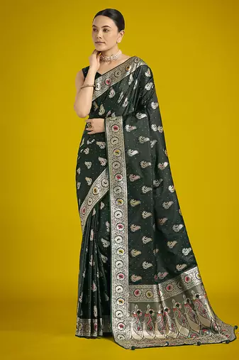 dark green wear banarasi satin silk zari weaving saree