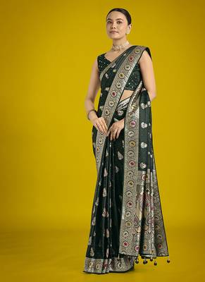 dark green banarasi satin silk blend zari weaving saree 2