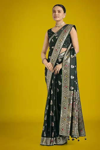 dark green banarasi satin silk blend zari weaving saree