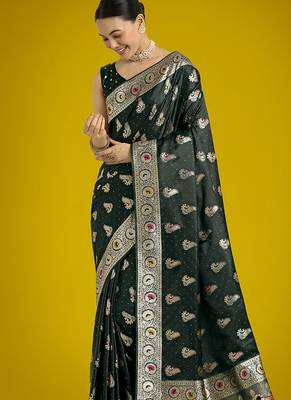 dark green banarasi satin silk blend zari weaving saree 3
