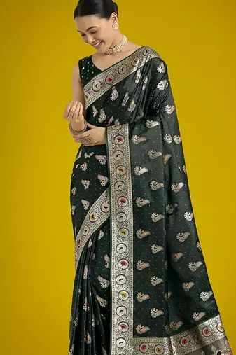 dark green banarasi satin silk blend zari weaving saree